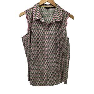 Talbots Blouse Womens Petite 16 16p Sleeveless Button Up Pinapple‎ Print Pink
